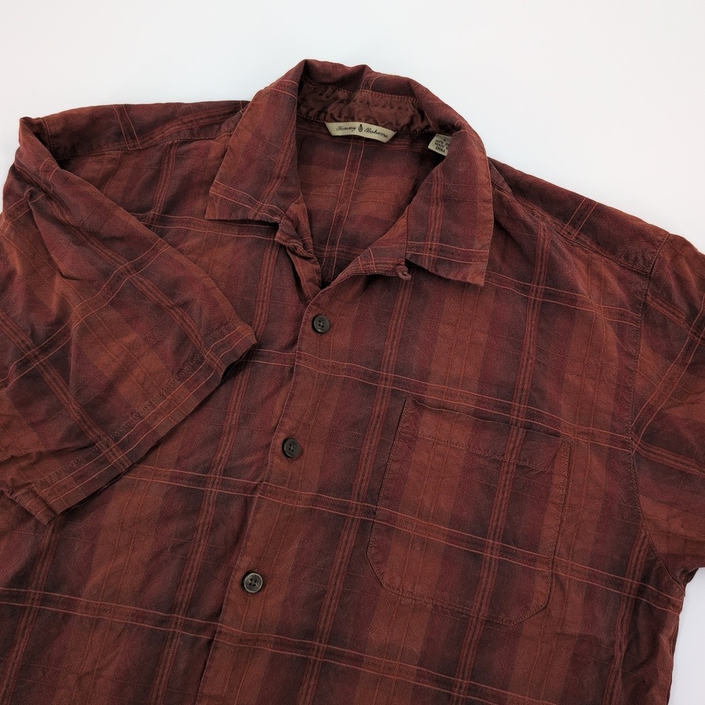 Vtg Tommy Bahama Button Up Men Sz L Rust Brown Plaid Shrt Sleeve Shirt 100% Silk